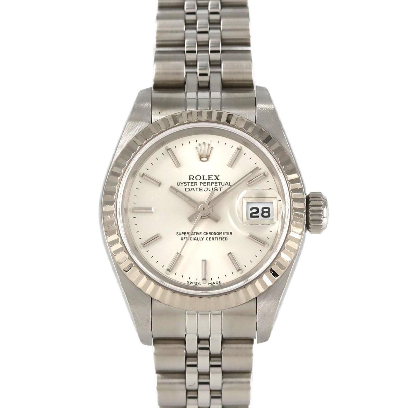 Steel Rolex Lady DateJust Watch 26mm White Dial Swiss Made: Steel Rolex Lady DateJust Watch 26mm White Dial Swiss Made This Rolex Lady DateJust 26mm wristwatch features a white dial and is crafted from steel. Designed for women, the watch has a case diameter o