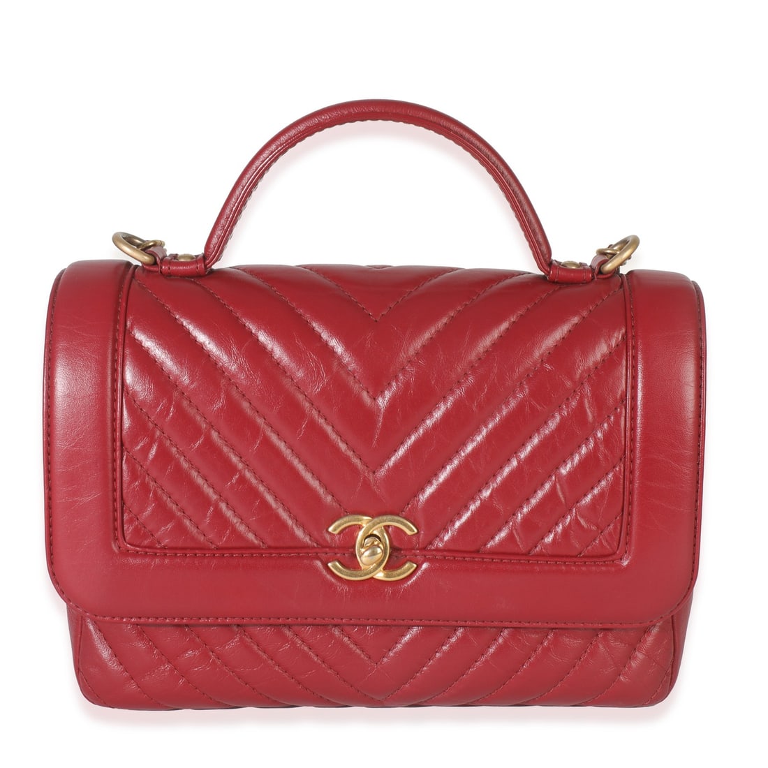 Chanel 2017 Red Chevron Calfskin Top Handle Flap Bag with Authenticity Card: Chanel 2017 Red Chevron Calfskin Top Handle Flap Bag with Authenticity Card This exquisite Chanel Red Chevron Calfskin Top Handle Flap Bag embodies luxury and style. Crafted in France, this chic handb
