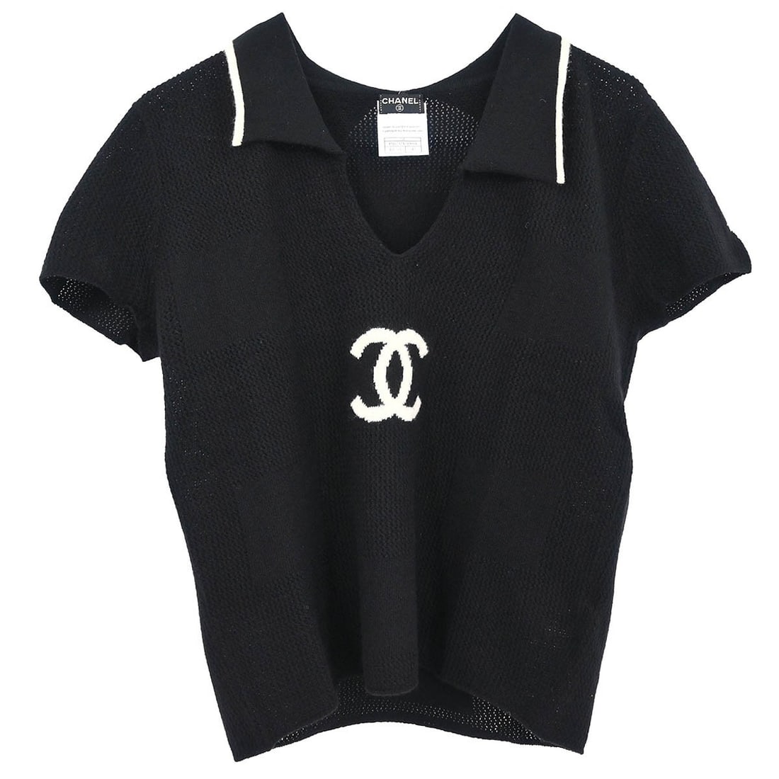 Chanel Black Cashmere Short Sleeve Knit Top #42: Chanel Black Cashmere Short Sleeve Knit Top #42 Elevate your casual wardrobe with this stunning Chanel Short Sleeve Sweater Knit Top in classic black. Crafted from luxurious 100% cashmere, this top of