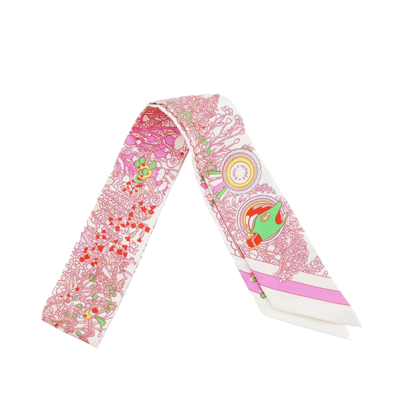 Hermes Pony Pit Stop print silk Twilly scarf from France: Hermes Pony Pit Stop print silk Twilly scarf from France This Hermes Pony Pit Stop Twilly scarf is crafted from 100% printed silk in a white color. Made in France, it is designed as a versatile access