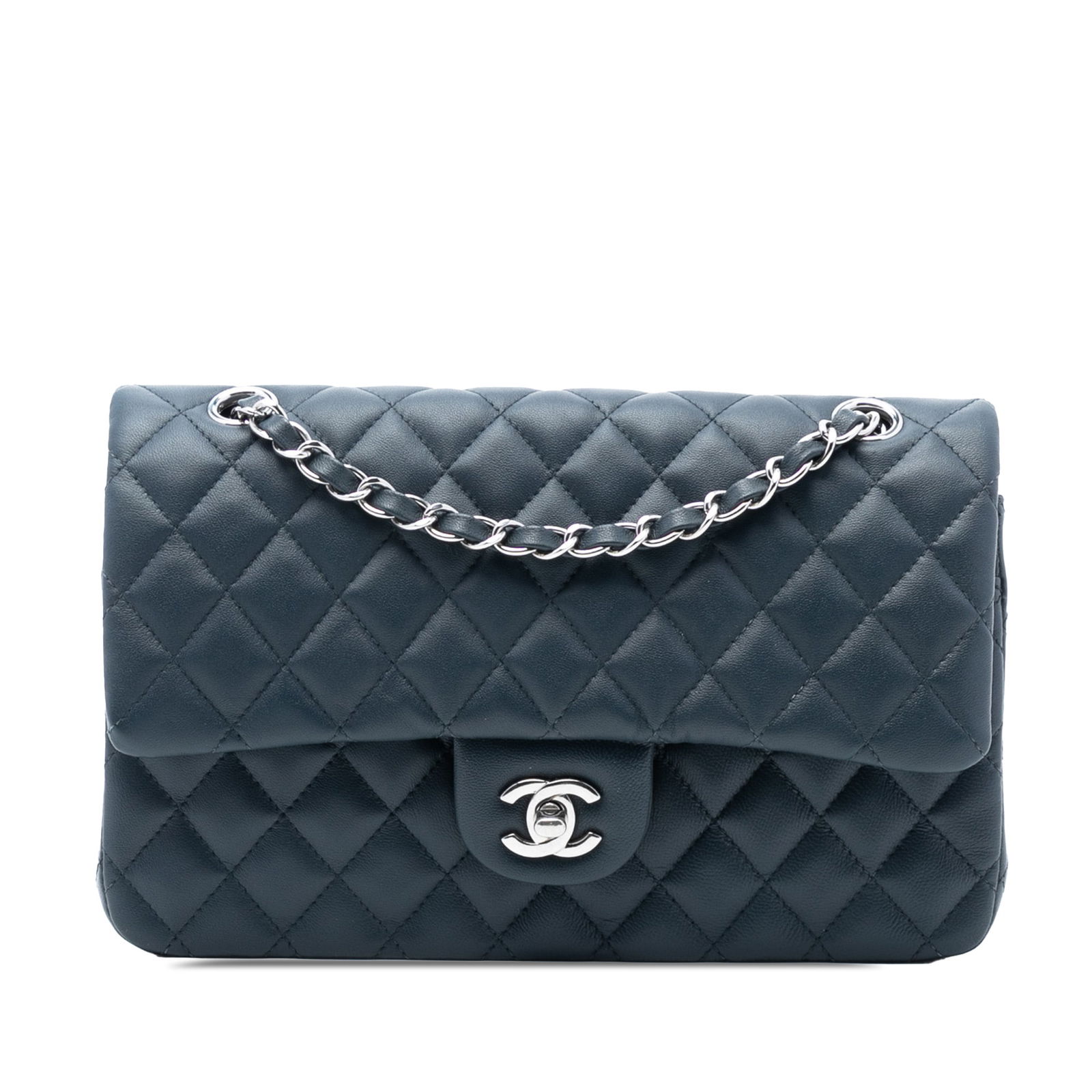 Blue Chanel Shoulder Bag Medium Double Flap Quilted Lambskin Leather: Blue Chanel Shoulder Bag Medium Double Flap Quilted Lambskin Leather This Chanel Medium Classic Double Flap shoulder bag features a quilted lambskin leather body in blue, leather-woven chain straps, d