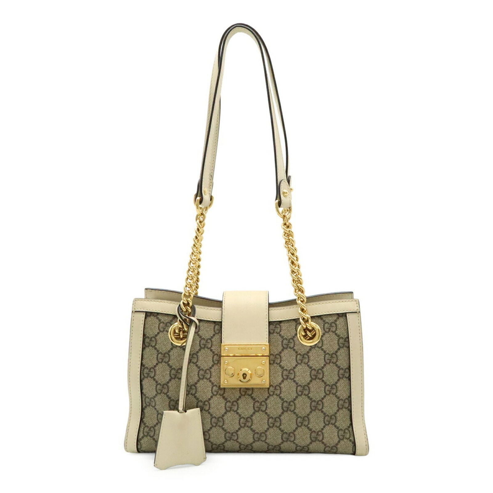 Beige PVC Gucci Padlock Handbag from Italy: Beige PVC Gucci Padlock Handbag from Italy This Gucci Padlock handbag features a beige PVC exterior and is designed for women. The bag was crafted in Italy and showcases a compact yet functional silho