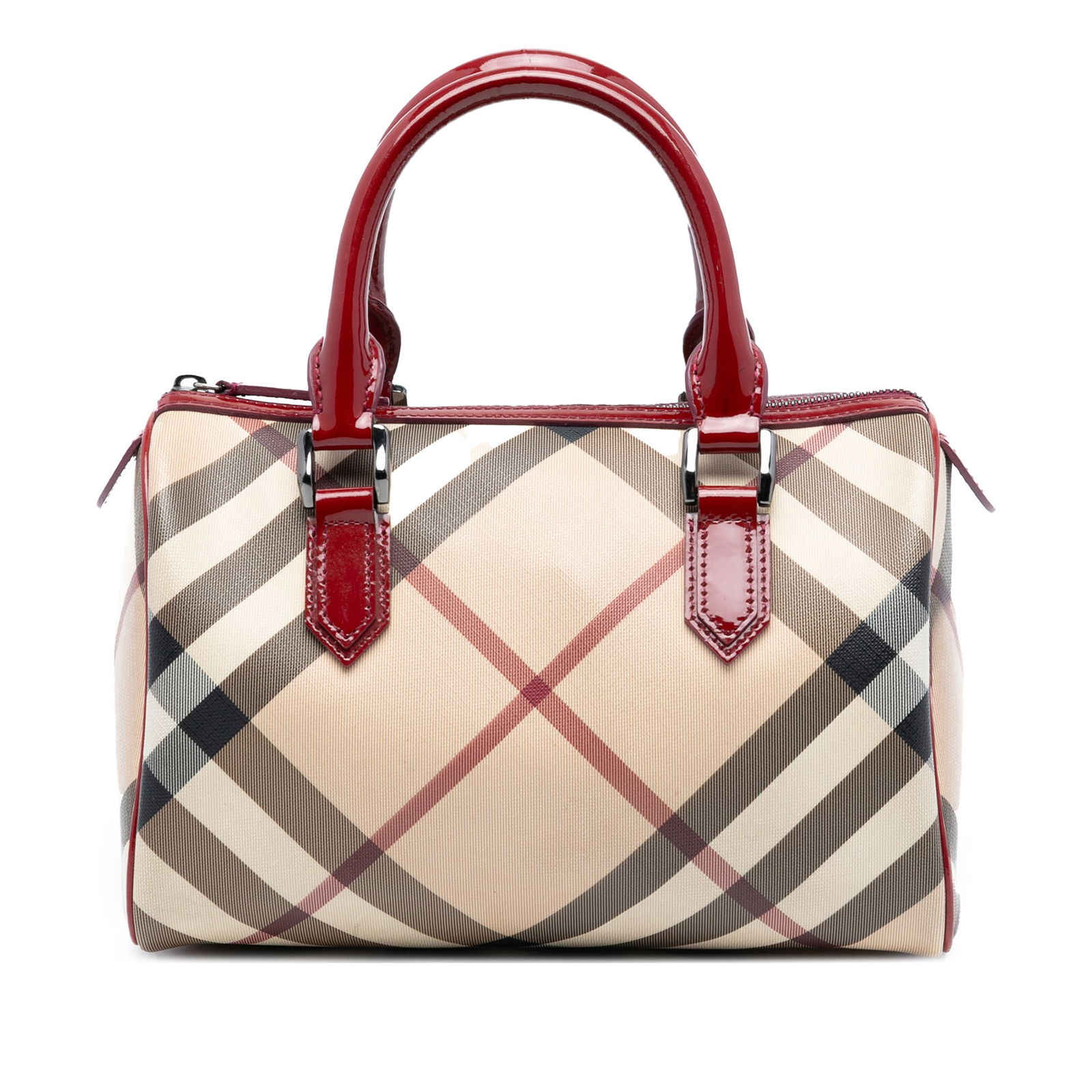 Burberry Chester Boston Bag in Supernova Check Canvas with Leather Trim: Burberry Chester Boston Bag in Supernova Check Canvas with Leather Trim This Burberry Chester Boston bag showcases the iconic Supernova check canvas with leather trim. It is designed with rolled leath