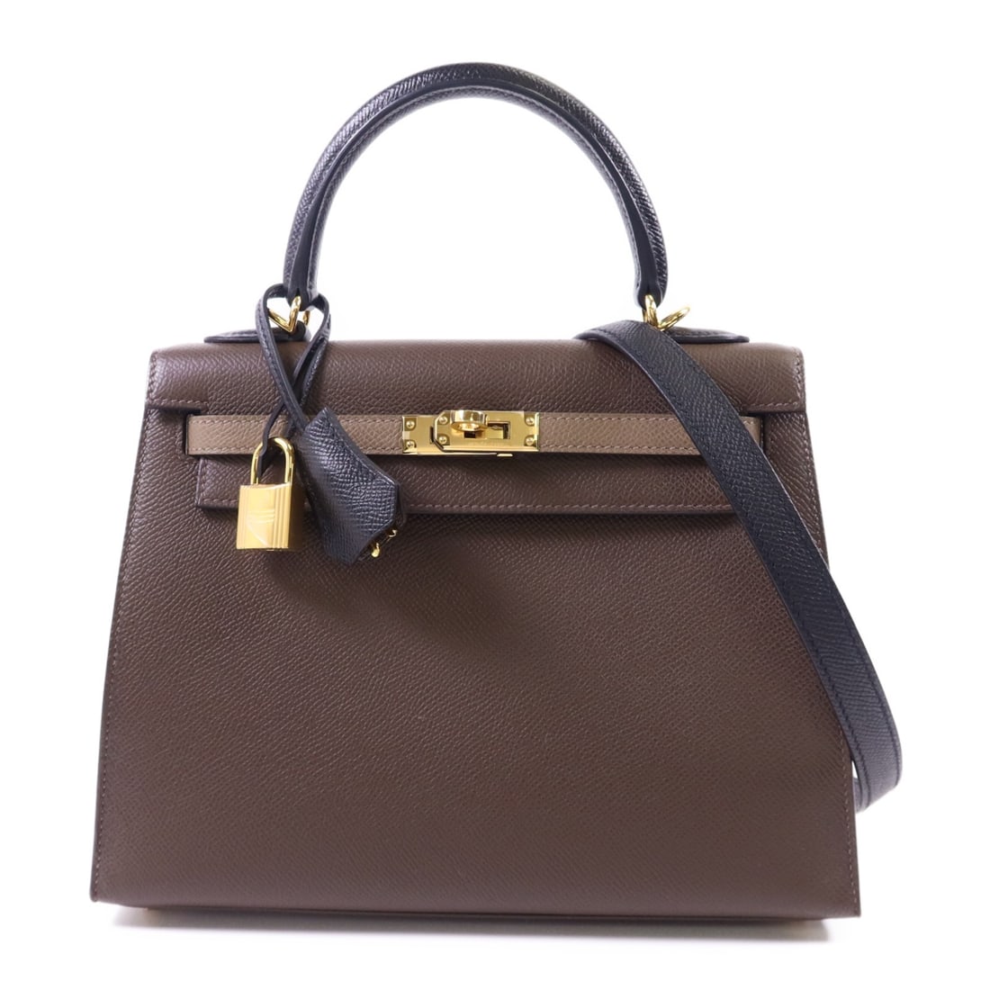HERMES Kelly 25 2 Way Shoulder Bag Epsom Leather Ecorce Etoupe Noir: HERMES Kelly 25 2 Way Shoulder Bag Epsom Leather Ecorce Etoupe Noir This HERMES Kelly 25 2 Way Shoulder Bag is crafted from premium Epsom leather in a stunning combination of Ecorce and Noir colors. D
