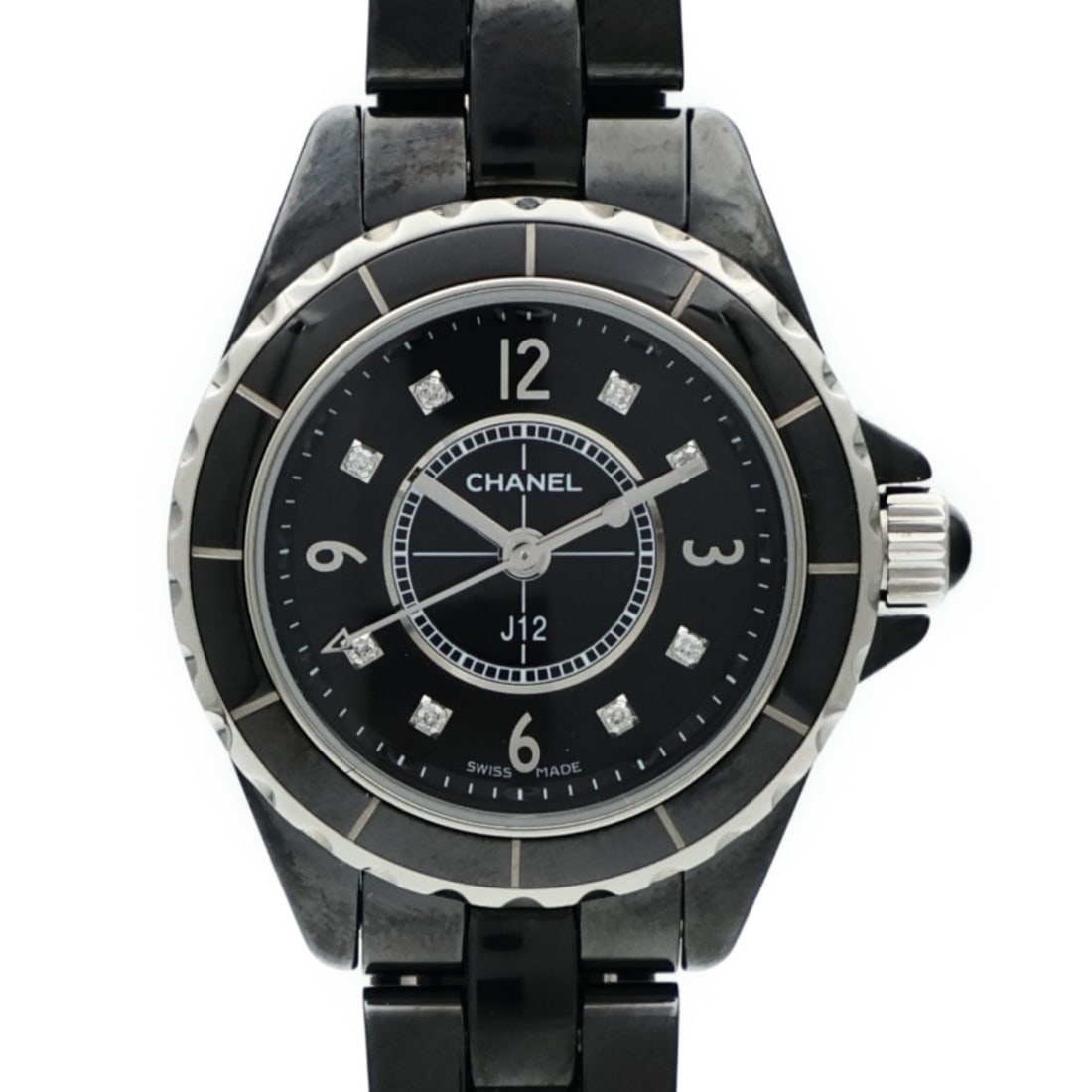 Chanel J12 H2569 Black Ceramic Quartz Wristwatch with Diamond Accents: Chanel J12 H2569 Black Ceramic Quartz Wristwatch with Diamond Accents This CHANEL J12 H2569 wristwatch features a black ceramic case and band, complemented by a black dial and diamond accents. Powered