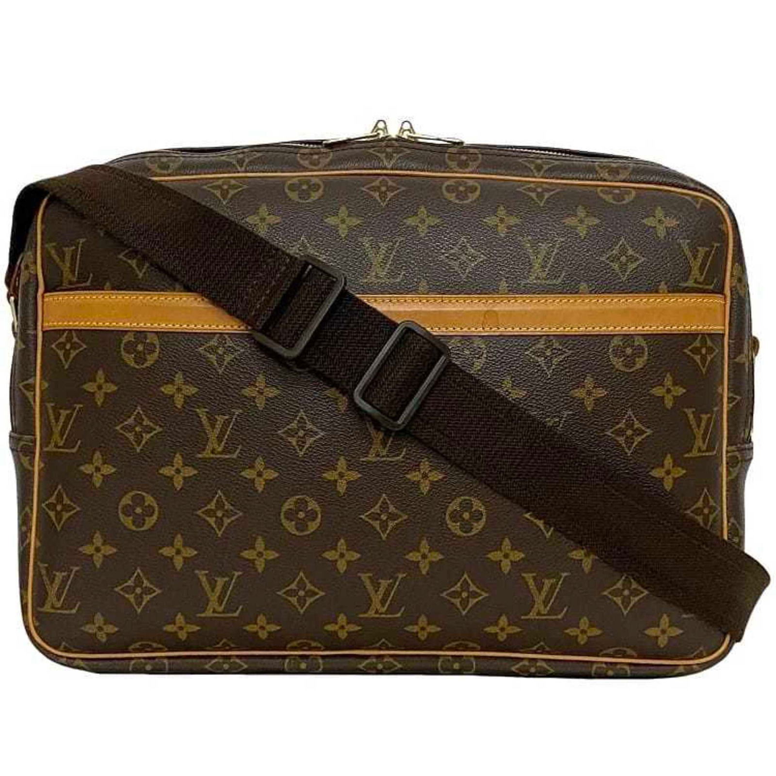 Reporter Canvas Shoulder Bag in Brown by Louis Vuitton: Reporter Canvas Shoulder Bag in Brown by Louis Vuitton This Louis Vuitton Reporter bag features a brown canvas exterior and is designed for unisex use. It is crafted in France and showcases the brand'
