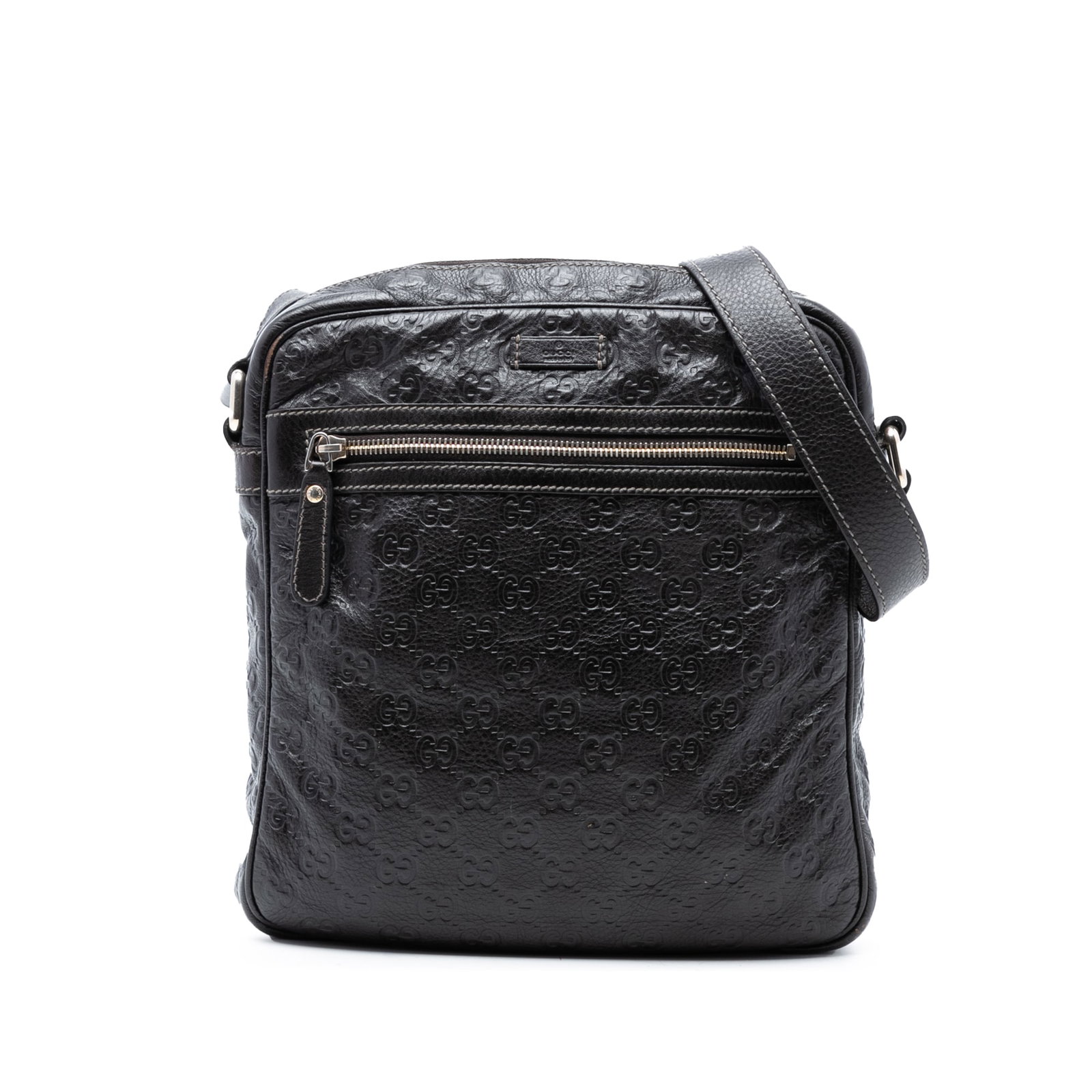 Gucci Guccissima Black Leather Adjustable Strap Crossbody Bag: Gucci Guccissima Black Leather Adjustable Strap Crossbody Bag This crossbody bag is crafted from black leather and features an adjustable flat leather strap, a top zip closure, an exterior front zip p