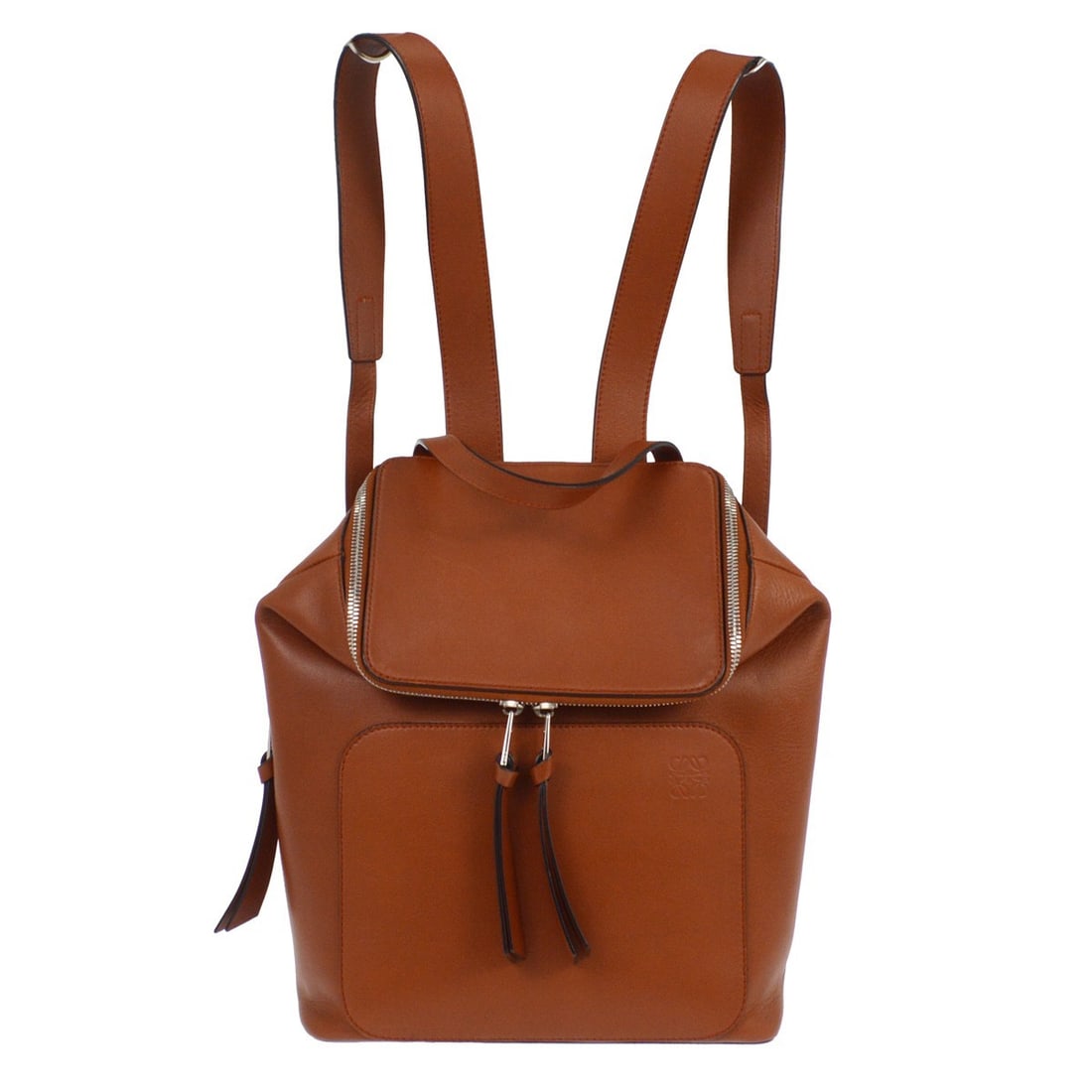 Loewe Goya Medium Brown Leather Backpack Bag 521901: Loewe Goya Medium Brown Leather Backpack Bag 521901 This is a medium-sized Loewe Goya backpack crafted from brown leather. The bag features a structured silhouette and is designed for versatile, every