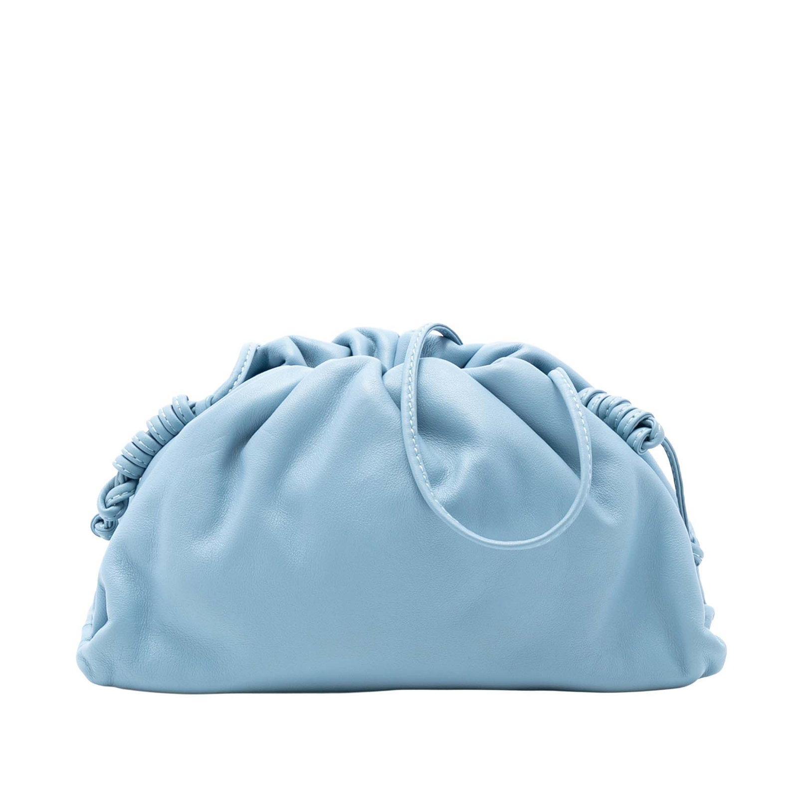 Bottega Veneta Mini Pouch Blue Leather Crossbody Bag: Bottega Veneta Mini Pouch Blue Leather Crossbody Bag This Bottega Veneta Mini Pouch Crossbody features a blue lambskin leather body with a flat leather strap and an open top secured by a magnetic snap