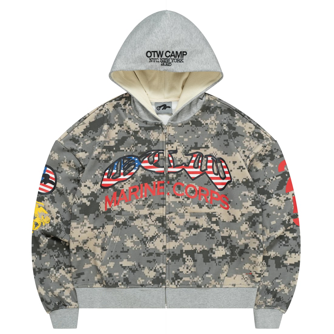 Small Digital Camouflage Pattern Zip Hoodie by OTW Army: Small Digital Camouflage Pattern Zip Hoodie by OTW Army This OTW Army Digital Camo Zip Up Hoodie features a modern digital camouflage pattern inspired by military gear. Made from a soft and durable co
