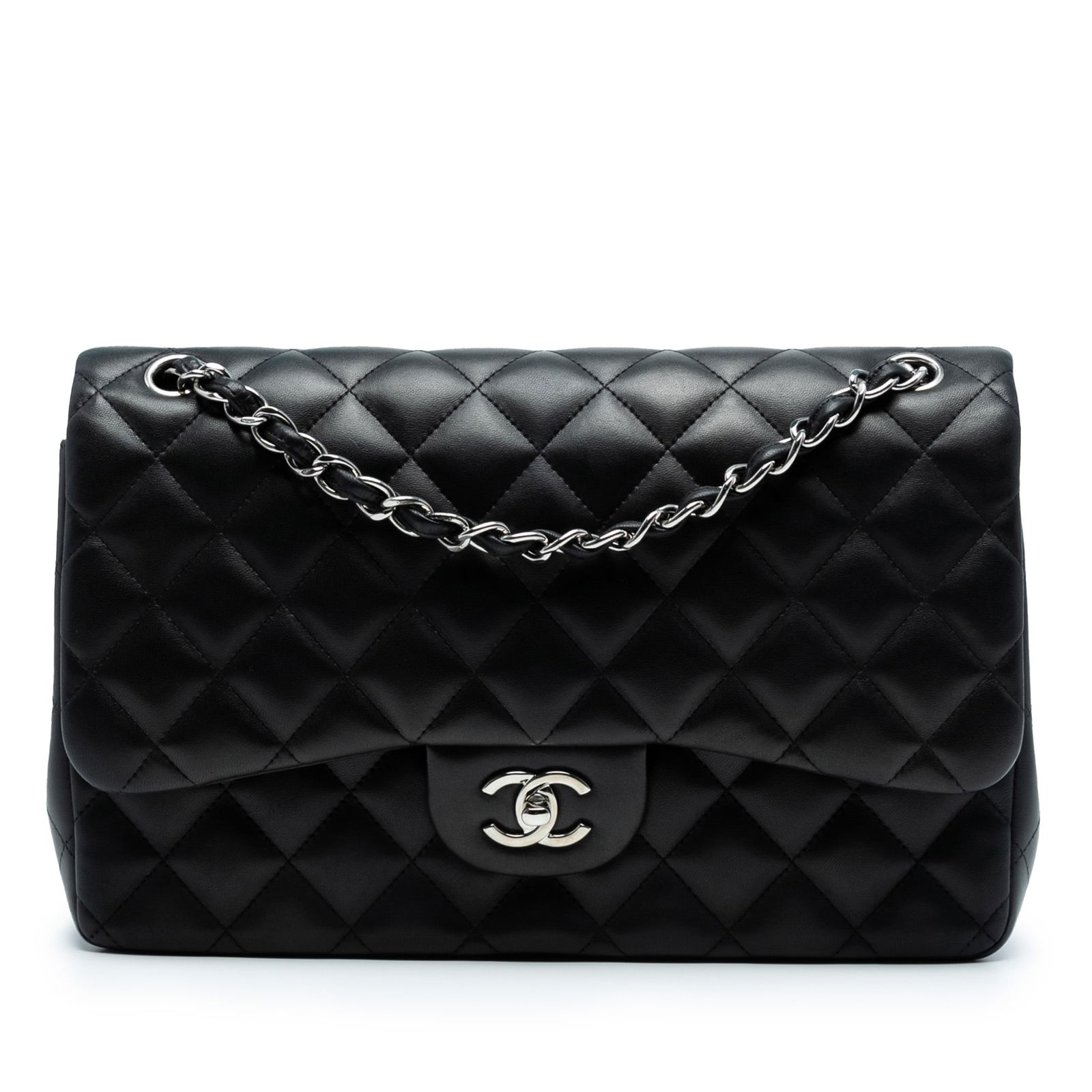 Chanel Jumbo Classic Black Lambskin Double Flap Bag: Chanel Jumbo Classic Black Lambskin Double Flap Bag This Chanel Jumbo Classic Double Flap shoulder bag is a luxurious accessory crafted from quilted lambskin leather in a timeless black color. It feat