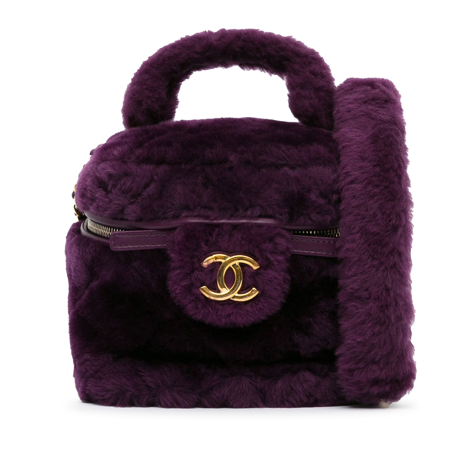 Chanel Purple Quilted Shearling Vanity Case with Leather Trim: Chanel Purple Quilted Shearling Vanity Case with Leather Trim Elevate your accessory collection with this elegant Chanel Small Quilted Shearling Vanity Case. Crafted with a luxurious quilted shearling