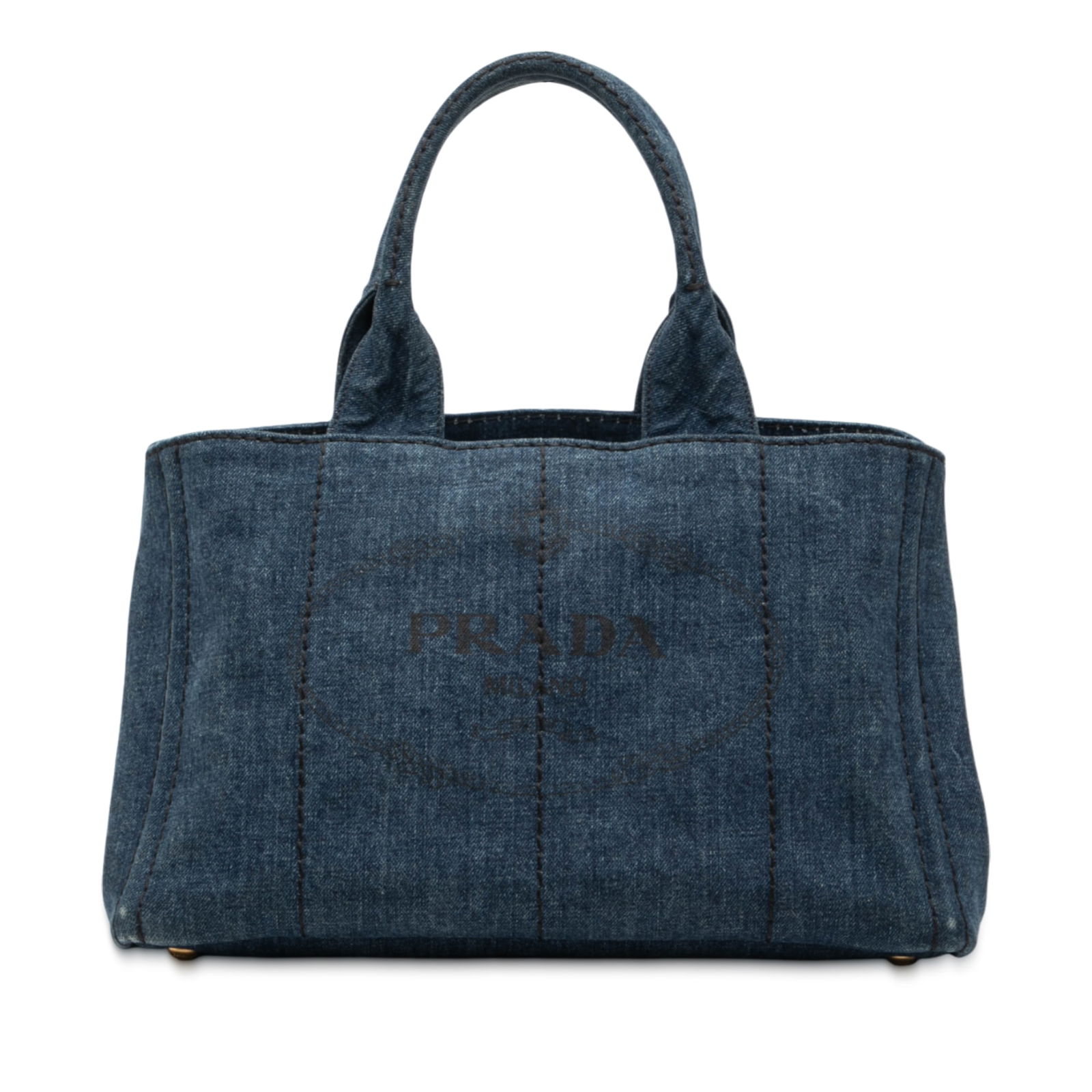 Prada Canapa Logo Blue Denim Small Satchel with Detachable Strap: Prada Canapa Logo Blue Denim Small Satchel with Detachable Strap This Prada Small Denim Canapa Logo Satchel features a blue denim body with flat top handles and a detachable strap. The bag offers an o