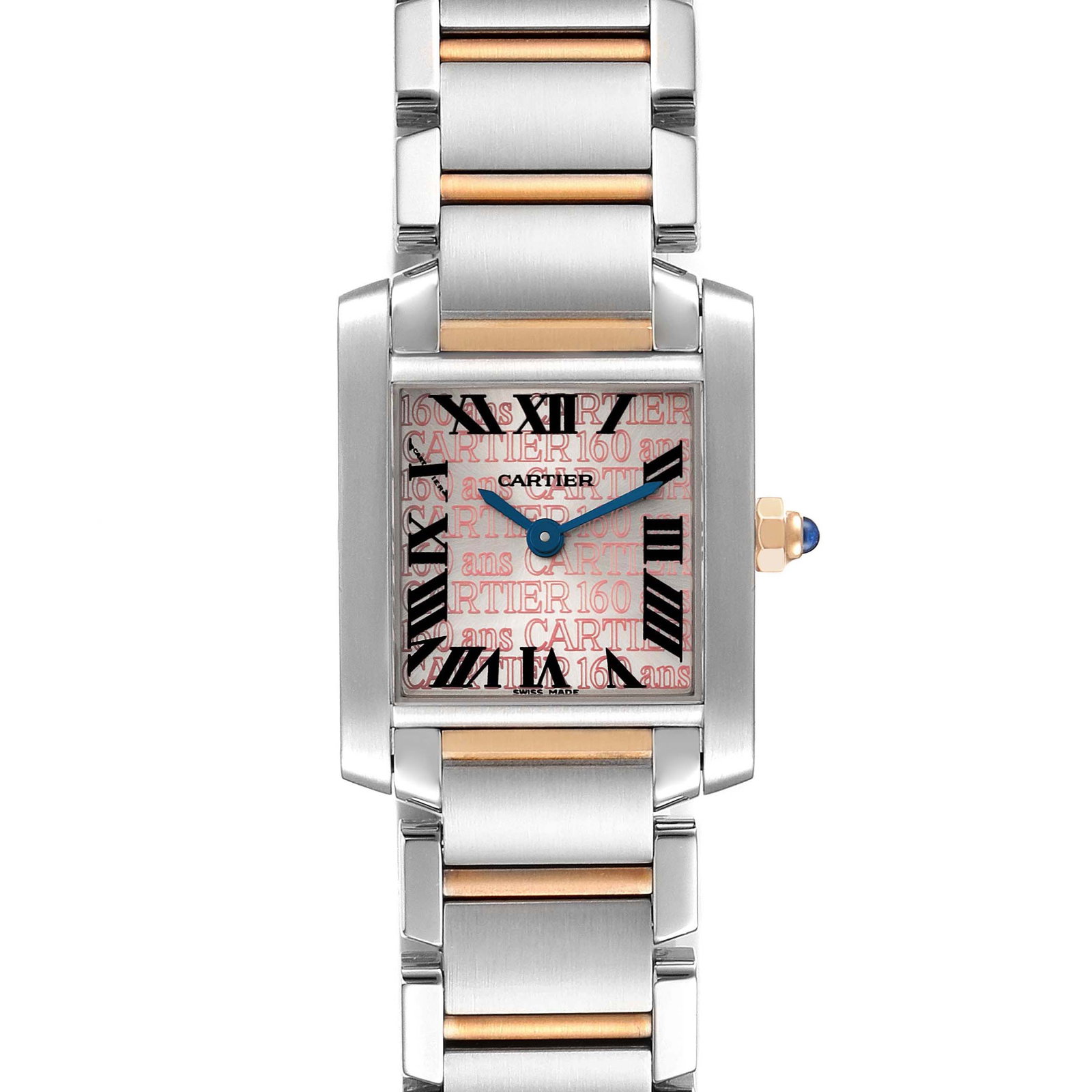 18k Rose Gold Steel Cartier Tank 28mm Reference 2384 Pink Face Watch: 18k Rose Gold Steel Cartier Tank 28mm Reference 2384 Pink Face Watch This Cartier Tank watch features a pink dial and is crafted from a combination of 18k rose gold and stainless steel. The timepiece