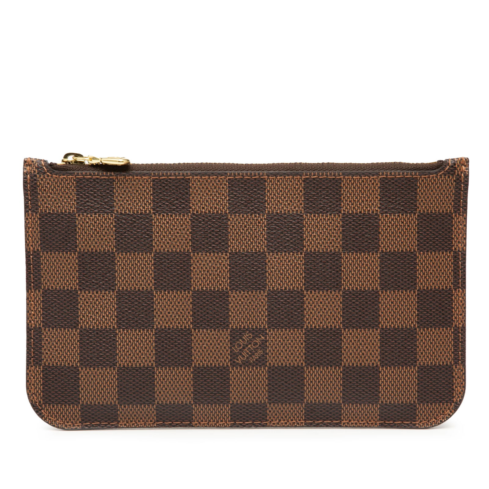 Neverfull PM Damier Ebene Canvas Pouch by Louis Vuitton: Neverfull PM Damier Ebene Canvas Pouch by Louis Vuitton This Louis Vuitton Damier Ebene Neverfull PM Pouch features the signature damier ebene canvas exterior, a top zip closure, and an interior slip