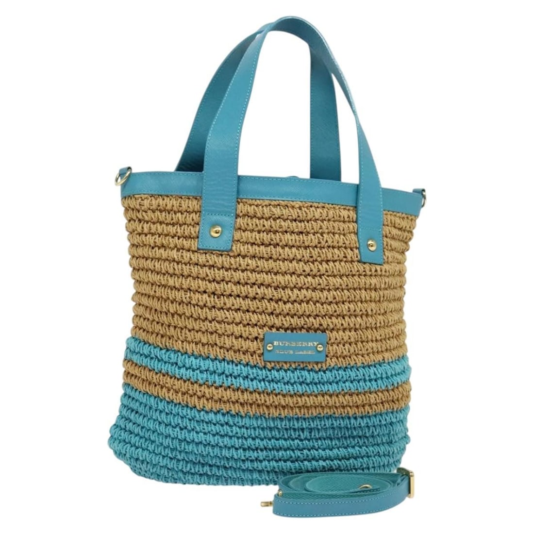 Burberry Blue Label 2way Hand Bag Wood Straw Blue Gold Auth (1 of 18)