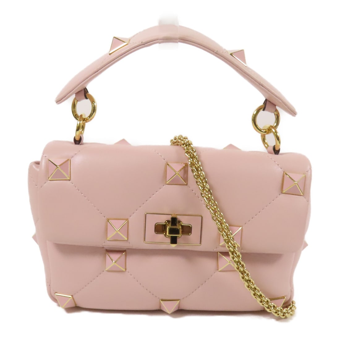 Valentino GHW Rockstud Pink Lambskin 2way Shoulder Bag: Valentino GHW Rockstud Pink Lambskin 2way Shoulder Bag Introducing the Valentino Rockstud 2way Shoulder Bag, crafted from luxurious lambskin leather in a stylish pink hue. This versatile bag features
