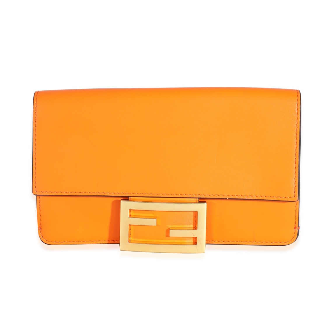 Fendi Mini Flat Baguette Orange Leather Bag with Brown Strap: Fendi Mini Flat Baguette Orange Leather Bag with Brown Strap Elevate your accessory game with this stunning Fendi Mini Flat Baguette handbag, beautifully crafted from orange calfskin leather. This ver