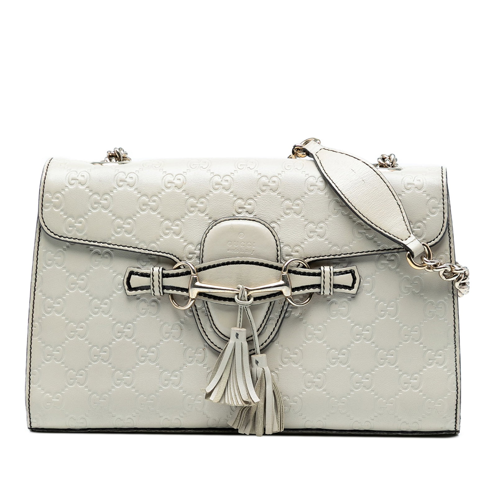 Gucci Medium Guccissima Emily White Leather Shoulder Bag: Gucci Medium Guccissima Emily White Leather Shoulder Bag The Medium Guccissima Emily Shoulder Bag by Gucci is a stylish accessory crafted from embossed leather, featuring a curb chain strap and a fron