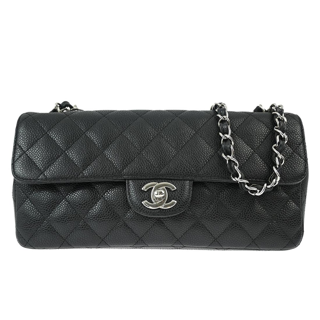 Chanel Black Caviar Leather East West Shoulder Bag with Chain Strap: Chanel Black Caviar Leather East West Shoulder Bag with Chain Strap This Chanel Black Calfskin East West Shoulder Bag is a stylish accessory perfect for casual occasions. Crafted from high-quality cav