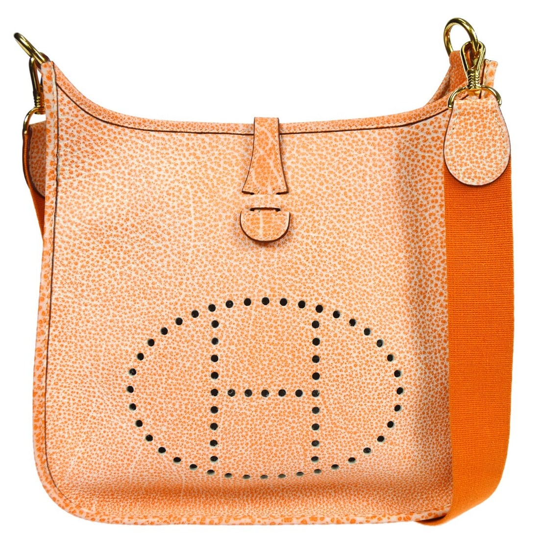 Evelyne PM Shoulder Bag in Orange Dalmatian Buffalo Leather by Hermes: Evelyne PM Shoulder Bag in Orange Dalmatian Buffalo Leather by Hermes This Hermes Evelyn PM shoulder bag features a vibrant orange Dalmatian buffalo leather exterior with a signature logo accent. The