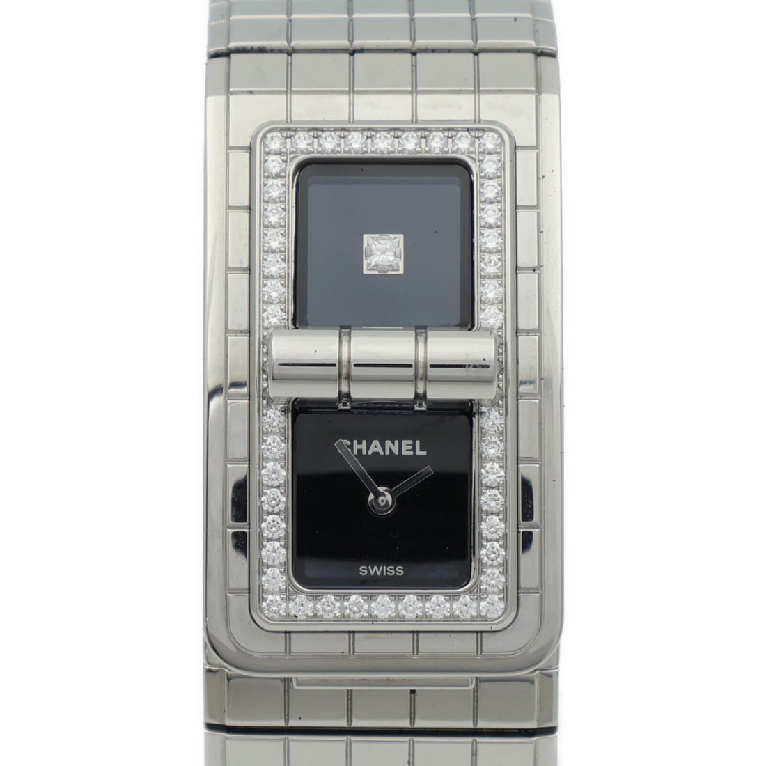 Chanel Code Coco H5145 Quartz Wristwatch with Diamonds Black Dial: Chanel Code Coco H5145 Quartz Wristwatch with Diamonds Black Dial The CHANEL CC Code Coco wristwatch features a stainless steel case and band with a sophisticated black dial. Powered by a quartz movem