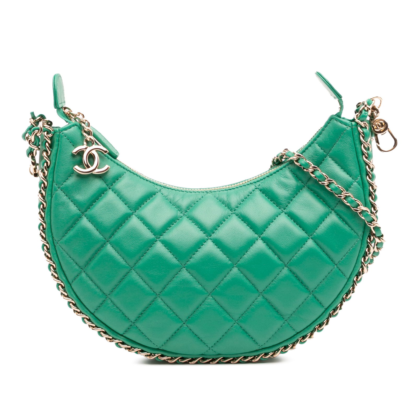 Chanel Small Quilted Lambskin Green Chain Around Hobo Bag: Chanel Small Quilted Lambskin Green Chain Around Hobo Bag This exquisite Chanel Small Quilted Lambskin Chain Around Hook Hobo Bag showcases a luxurious quilted lambskin leather construction in a strik