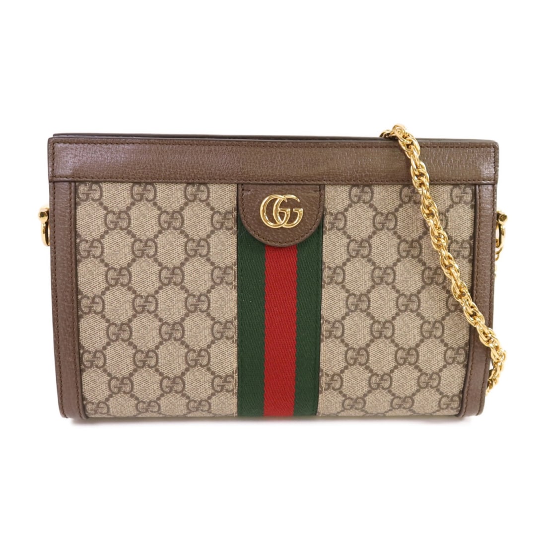 Gucci Ophidia Brown Coated Canvas GG Chain Crossbody Shoulder Bag 503877: Gucci Ophidia Brown Coated Canvas GG Chain Crossbody Shoulder Bag 503877 This Gucci GG Ophidia chain shoulder bag features a brown PVC coated canvas exterior and a classic crossbody design. Crafted in