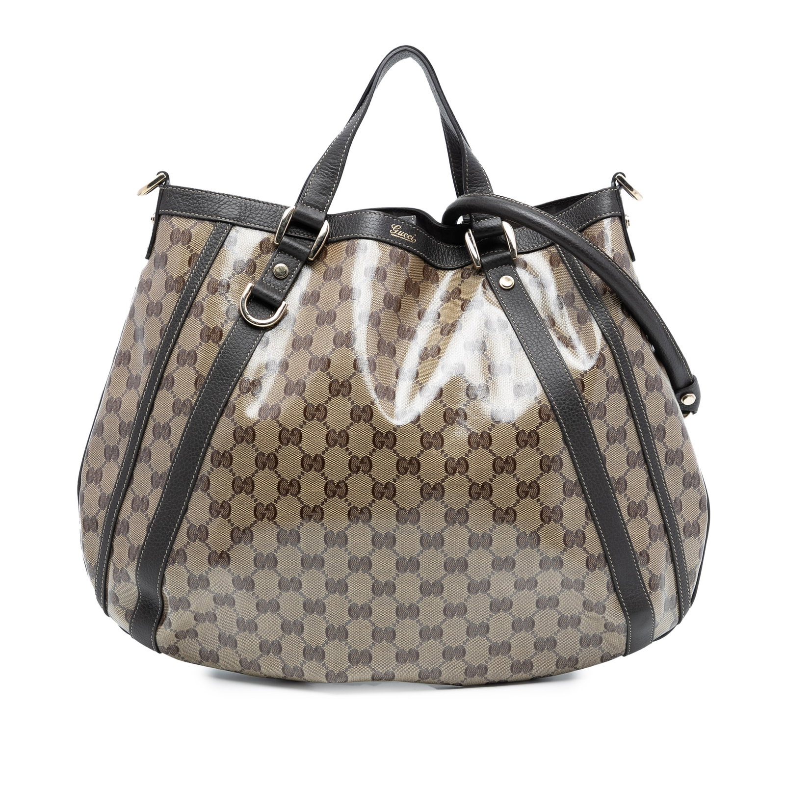 Gucci GG Crystal Abbey D Ring Convertible Brown Tote Bag: Gucci GG Crystal Abbey D Ring Convertible Brown Tote Bag This Gucci GG Crystal Abbey D Ring Convertible Tote features a coated canvas body with leather trim, flat leather handles, and a detachable rol