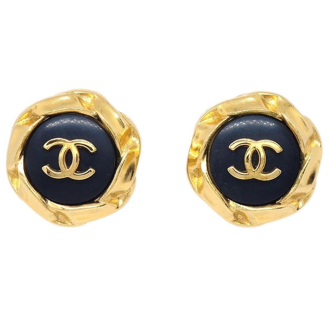 Gold Plated Round Clip-On Earrings Black Chanel 96P: Gold Plated Round Clip-On Earrings Black Chanel 96P These Chanel round clip-on earrings feature a black and gold color scheme with gold plated metal. Made in France, they offer a classic and elegant s