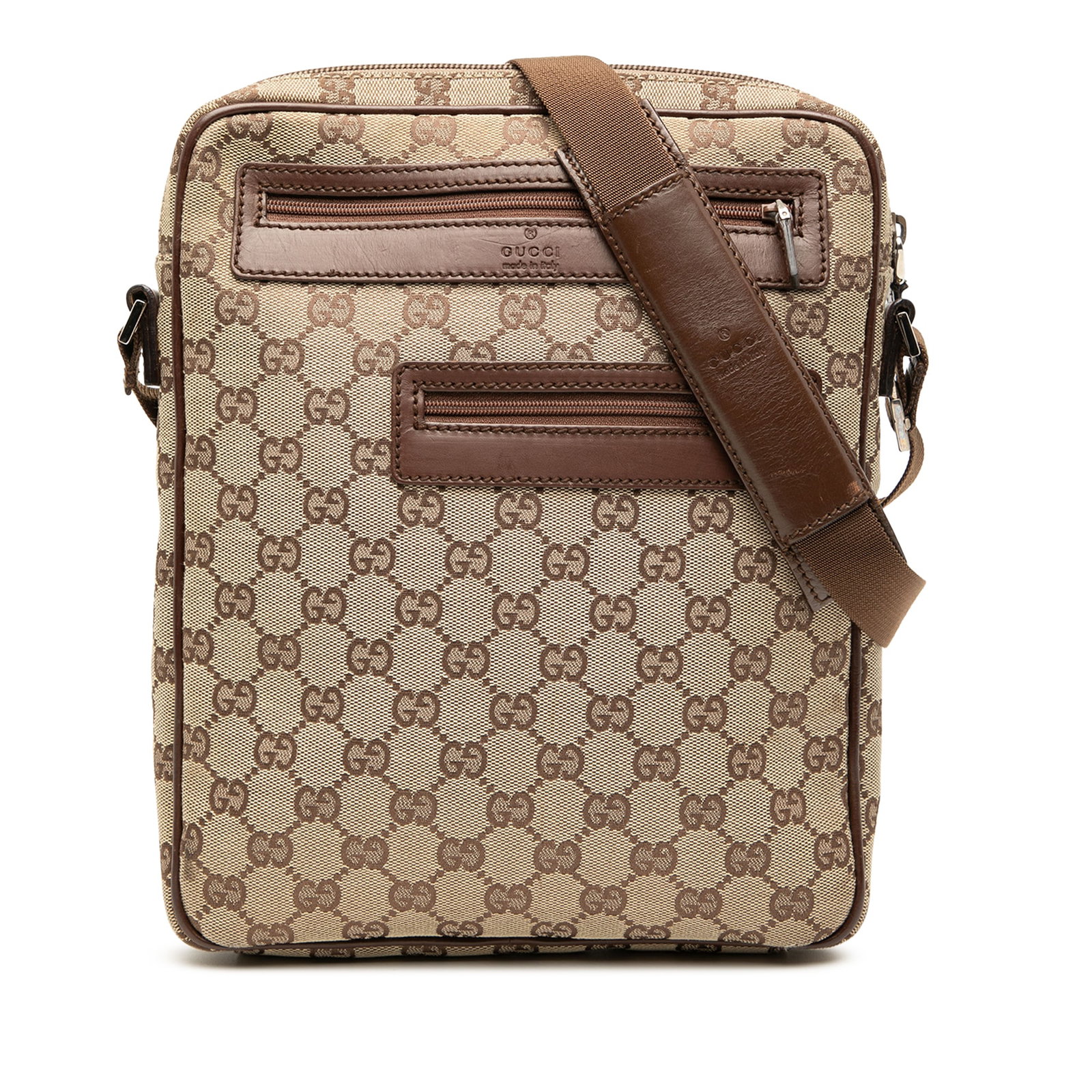Brown GG Canvas Crossbody Bag with Leather Trim by Gucci: Brown GG Canvas Crossbody Bag with Leather Trim by Gucci This Gucci GG Canvas Crossbody bag features a canvas body with leather trim, an adjustable flat strap, a top zip closure, front exterior zip po