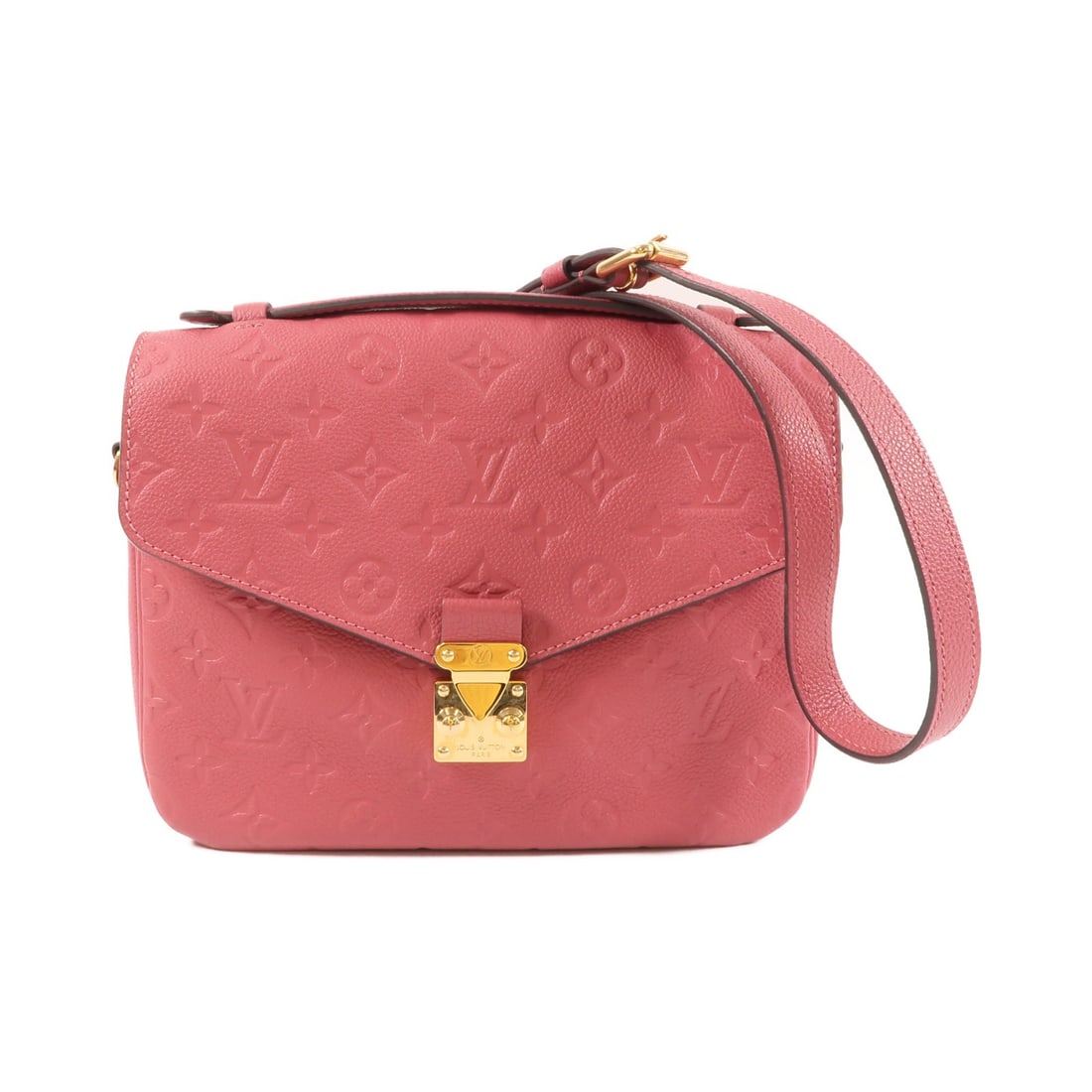 Red Calfskin Pochette Metis Shoulder Bag by Louis Vuitton M43737: Red Calfskin Pochette Metis Shoulder Bag by Louis Vuitton M43737 This Louis Vuitton Pochette Metis is a versatile 2-way shoulder bag crafted from red calfskin monogram Empreinte leather. It features g