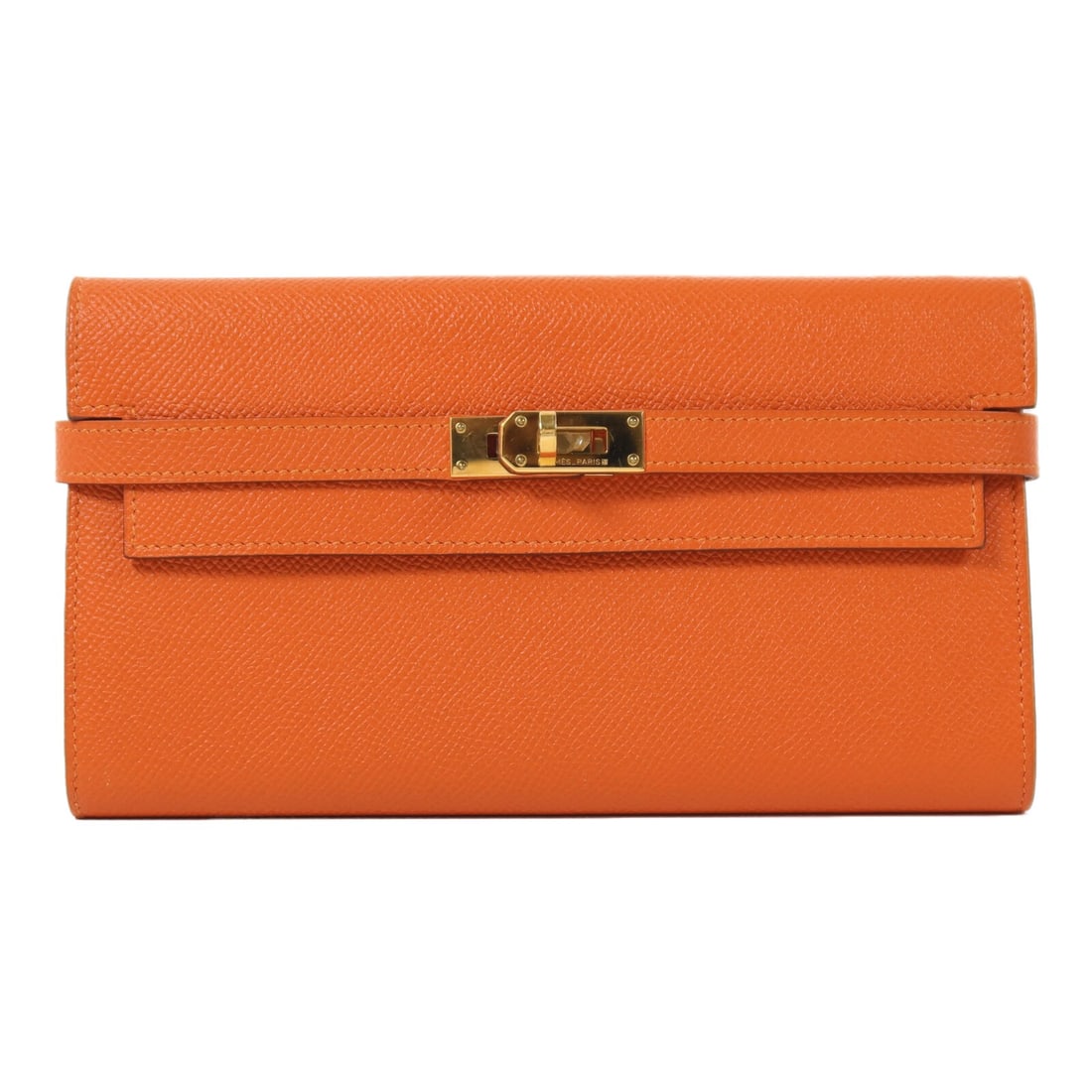 Hermes Kelly Long Bifold Wallet Epsom Leather Orange with Gold Hardware: Hermes Kelly Long Bifold Wallet Epsom Leather Orange with Gold Hardware This Hermes Kelly Long Wallet features a vibrant orange poppy color in Epsom calfskin leather. Designed in a bifold style, it is