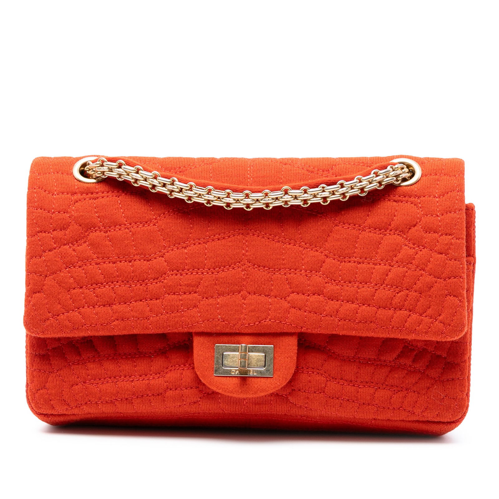 Chanel Reissue 2.55 Quilted Jersey Coco Croc Double Flap Bag Orange: Chanel Reissue 2.55 Quilted Jersey Coco Croc Double Flap Bag Orange This Chanel Reissue 2.55 Quilted Jersey Coco Croc Double Flap bag showcases a luxurious quilted jersey body in a vibrant orange colo