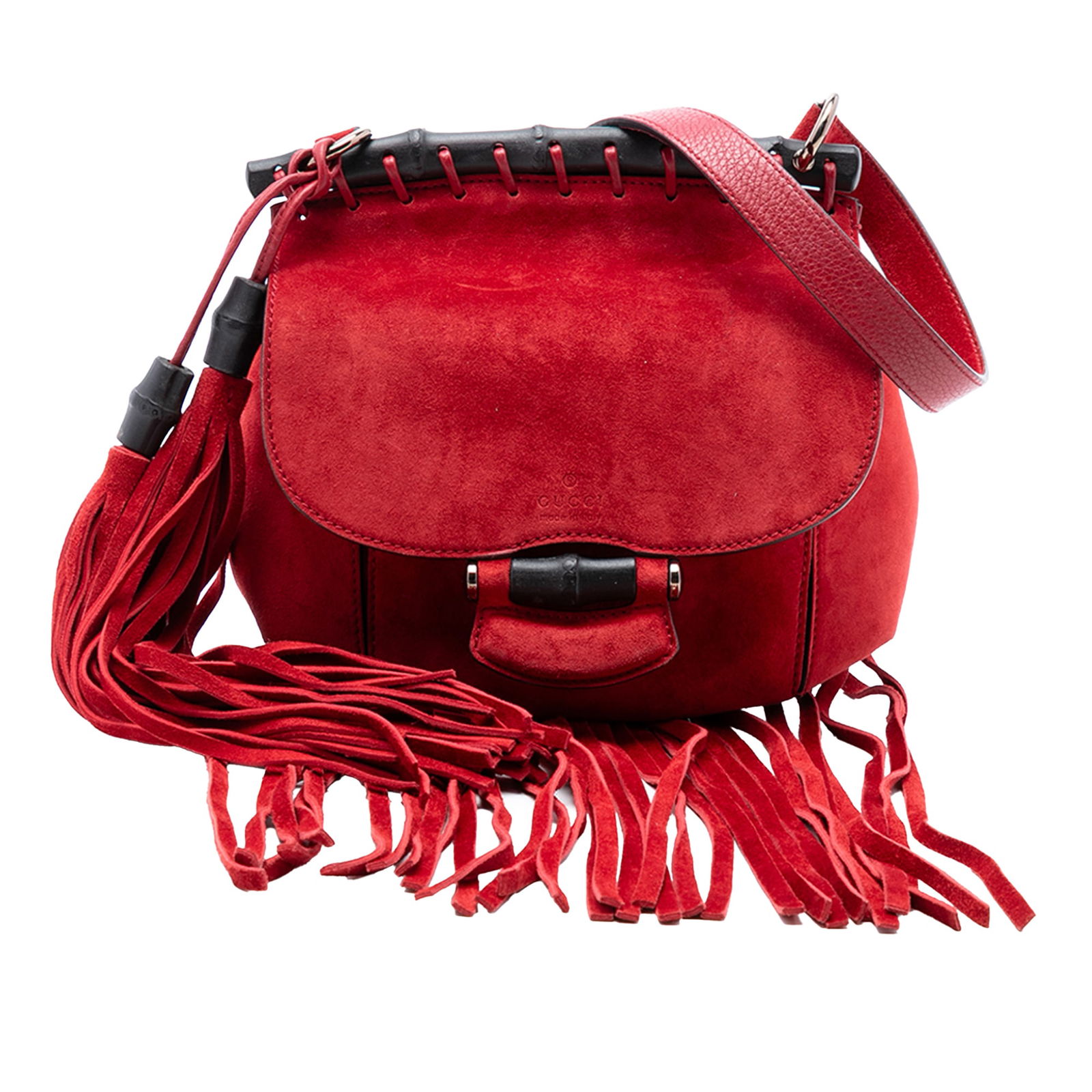 Gucci Nouveau Fringe Red Suede Bamboo Small Crossbody Bag: Gucci Nouveau Fringe Red Suede Bamboo Small Crossbody Bag This Gucci Small Suede Bamboo Nouveau Fringe Crossbody showcases a red suede leather body with distinctive bamboo details, a flat leather stra