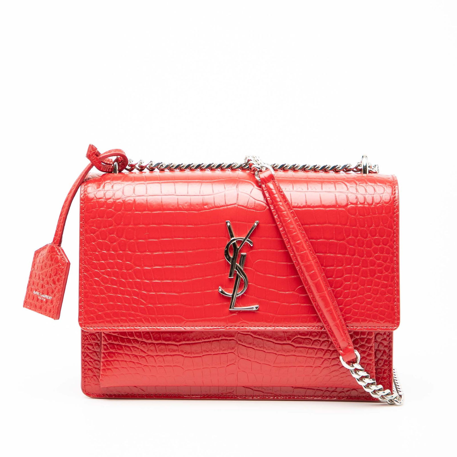 Saint Laurent Sunset Medium Red Croc Embossed Leather Monogram Shoulder Bag: Saint Laurent Sunset Medium Red Croc Embossed Leather Monogram Shoulder Bag The Saint Laurent Medium Croc Embossed Monogram Sunset Bag showcases a luxurious embossed leather body in a striking red col
