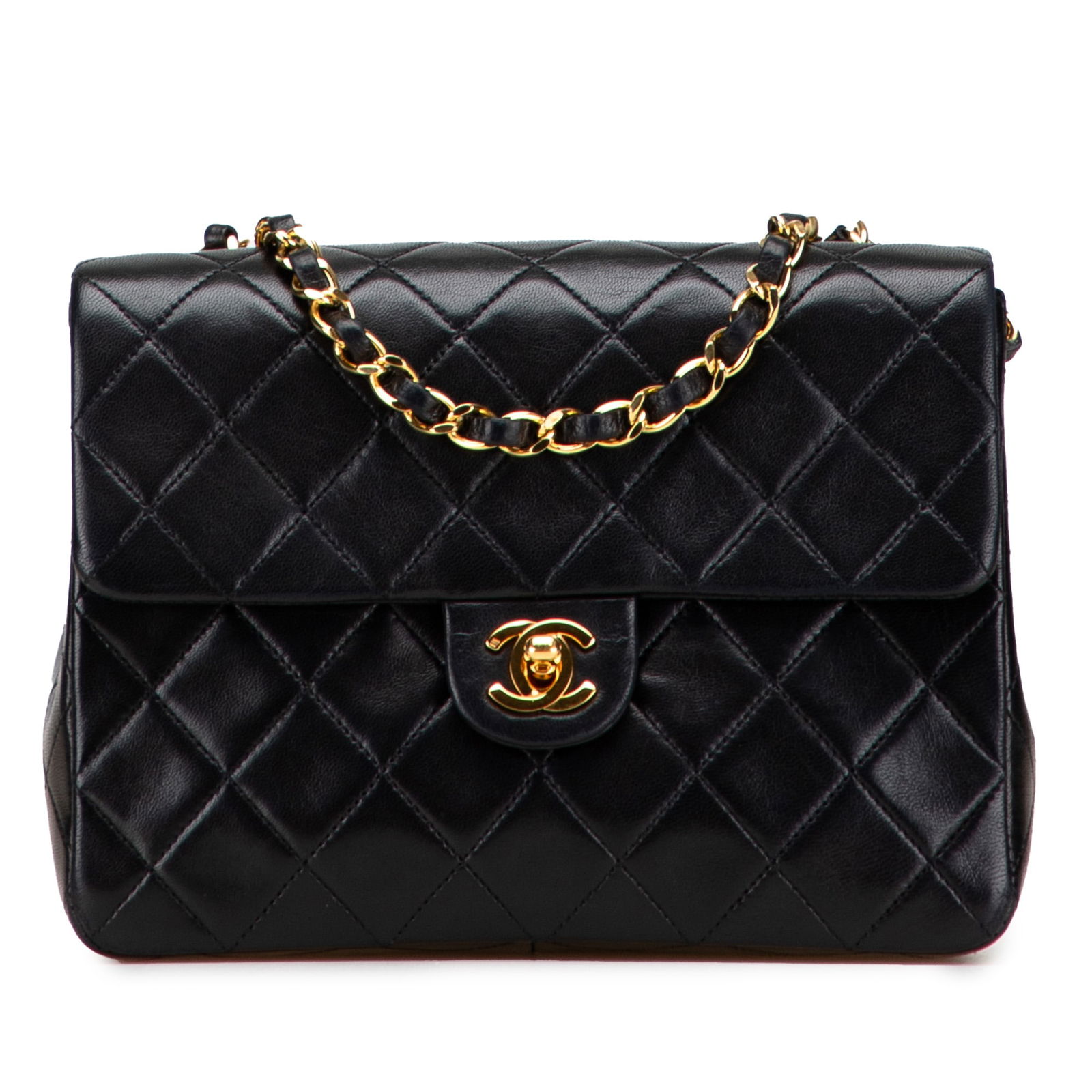 Chanel Small Square Flap Black Lambskin Crossbody Bag: Chanel Small Square Flap Black Lambskin Crossbody Bag This elegant Chanel Small Square Quilted Lambskin Flap bag is crafted from luxurious lambskin leather, showcasing a timeless design perfect for an