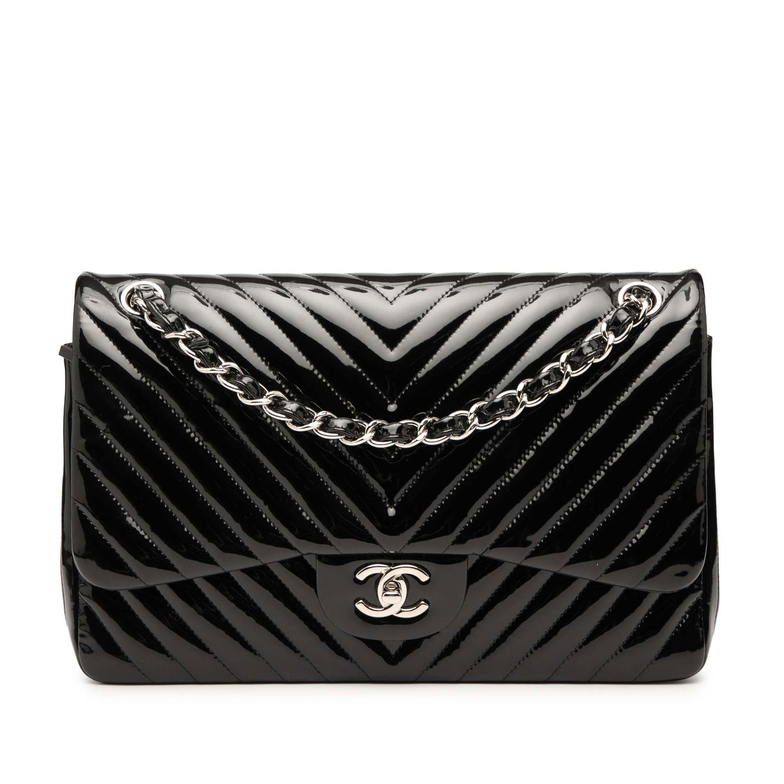 Black Chanel Chevron Quilted Jumbo Patent Leather Double Flap Shoulder Bag: Black Chanel Chevron Quilted Jumbo Patent Leather Double Flap Shoulder Bag This Chanel Jumbo Classic Chevron Patent Double Flap shoulder bag features a black quilted patent leather exterior with a che