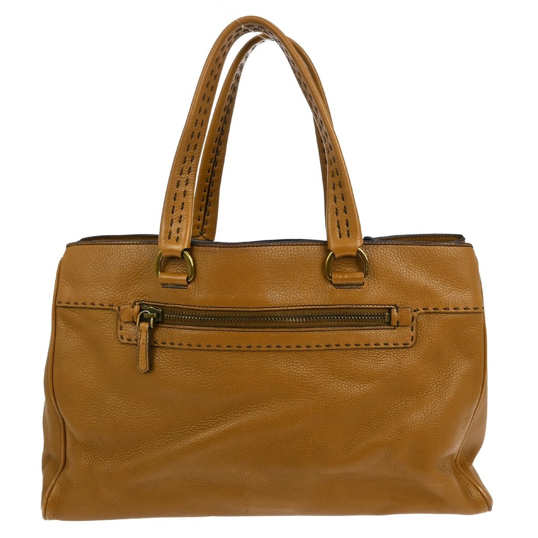 Prada Medium Brown Leather Tote Bag with Logo Accent: Prada Medium Brown Leather Tote Bag with Logo Accent This Prada Brown Tote Handbag is a stylish accessory perfect for casual occasions. Made in Italy, it features a durable leather exterior with a nyl