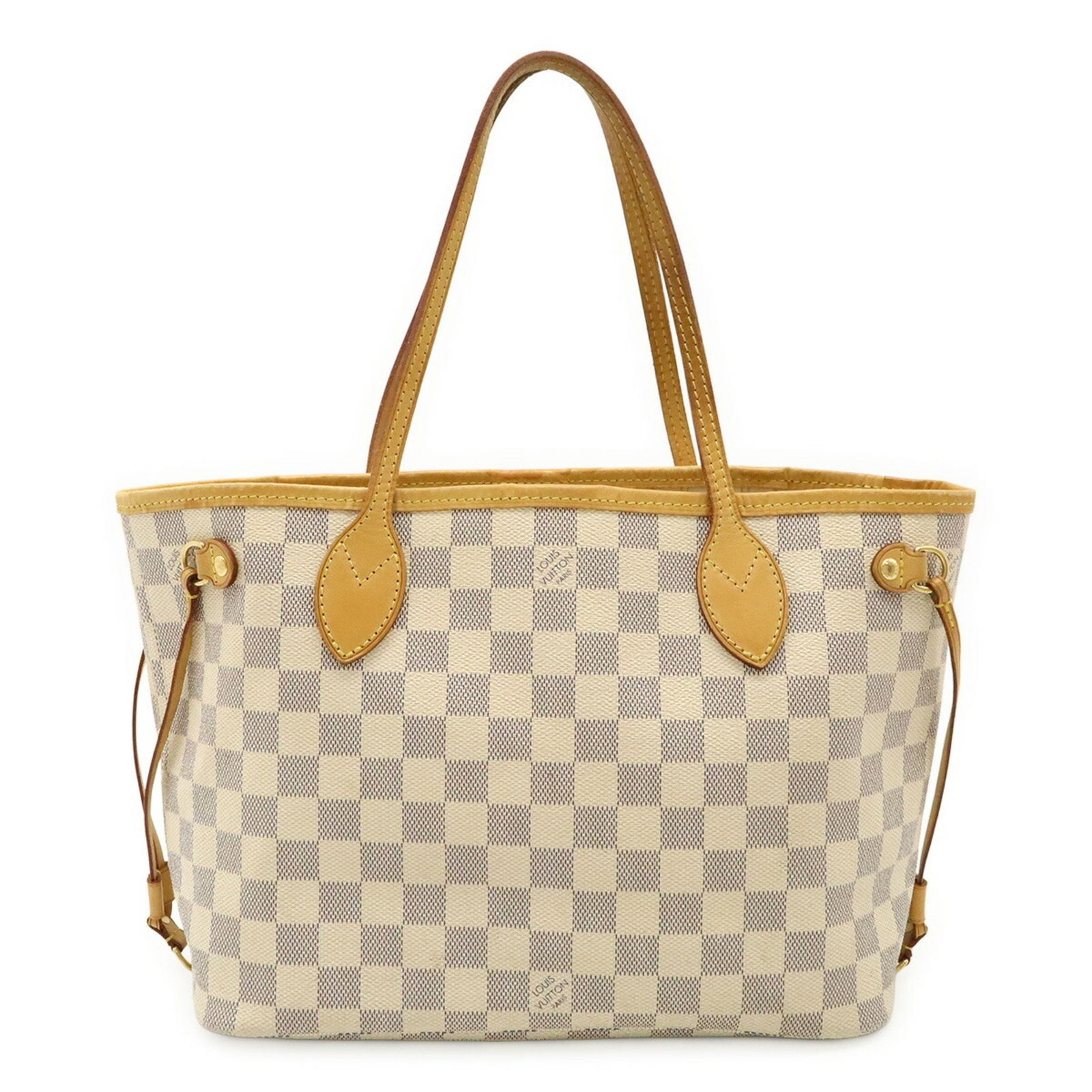 Neverfull PM Canvas Tote in White by Louis Vuitton: Neverfull PM Canvas Tote in White by Louis Vuitton This Louis Vuitton Neverfull PM bag is crafted from canvas in a white colorway. Designed for women, it features spacious dimensions and is made in Fr