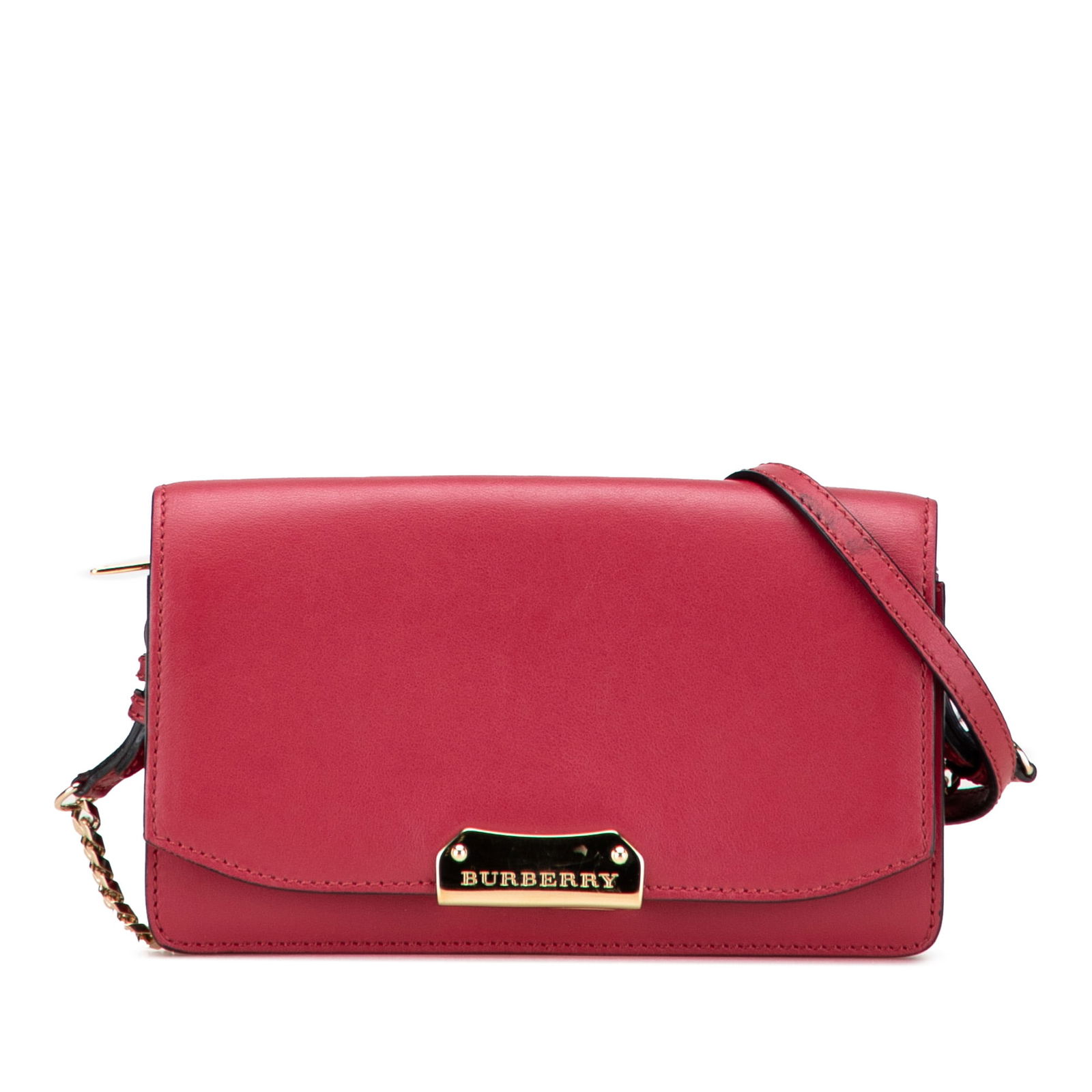 Burberry Red Leather Madison Wallet On Chain with Adjustable Strap: Burberry Red Leather Madison Wallet On Chain with Adjustable Strap Elevate your style with the Burberry Leather Madison Wallet On Chain, a chic accessory crafted from premium leather. This stunning re