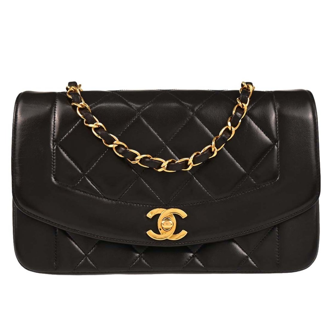 Chanel Black Lambskin Diana Shoulder Bag with Chain Strap: Chanel Black Lambskin Diana Shoulder Bag with Chain Strap This exquisite Chanel Black Lambskin Small Diana Shoulder Bag is a timeless piece perfect for casual occasions. Crafted from luxurious lambski