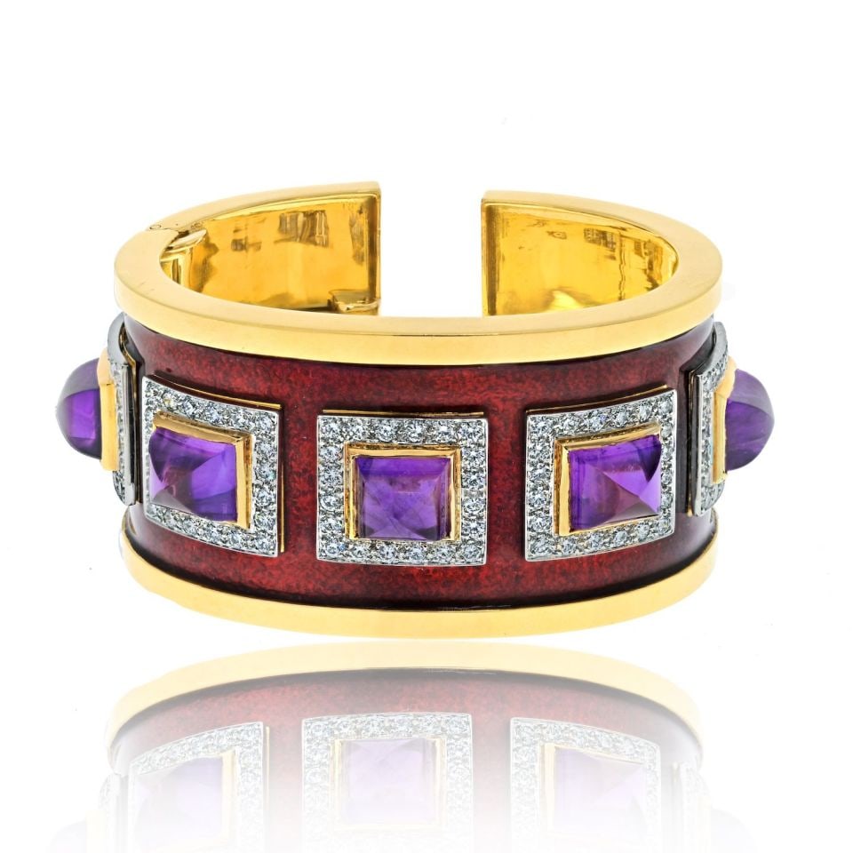 David Webb Bastille Cuff Bracelet Platinum 18K Gold Amethyst Enamel Diamonds: David Webb Bastille Cuff Bracelet Platinum 18K Gold Amethyst Enamel Diamonds Indulge in the opulent beauty of this David Webb Platinum & 18K Yellow Gold Bastille Sugarloaf Amethyst Red Enamel Diamond
