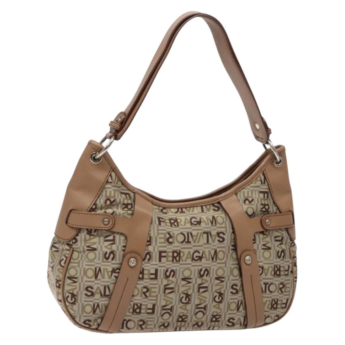 Salvatore Ferragamo Beige Silver Canvas Shoulder Bag Italy: Salvatore Ferragamo Beige Silver Canvas Shoulder Bag Italy This stylish Salvatore Ferragamo shoulder bag is crafted from durable canvas in a sophisticated beige and silver color combination. The bag f