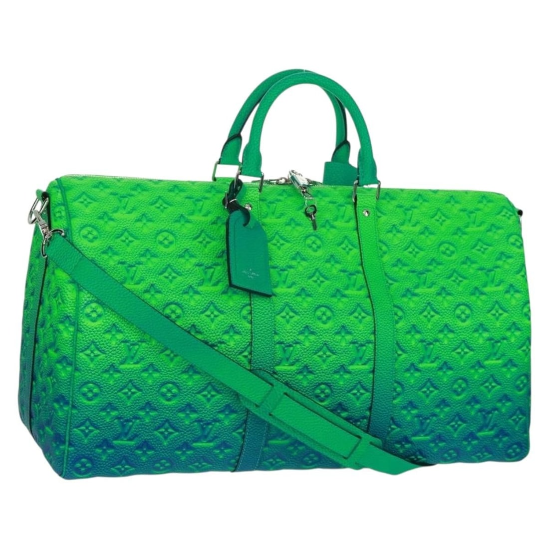 Louis Vuitton Keepall Bandouliere 50 Blue Green Monogram Canvas Bag M59712: Louis Vuitton Keepall Bandouliere 50 Blue Green Monogram Canvas Bag M59712 This Louis Vuitton Taurillon Illusion Keepall Bandouliere 50 bag features the signature Monogram Canvas in a striking blue an
