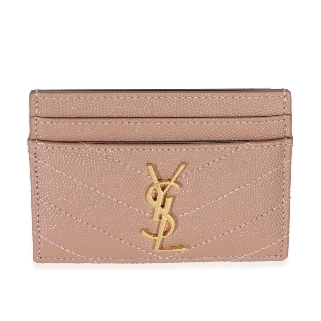 Pink Leather Matelasse Cassandre Card Case by Saint Laurent: Pink Leather Matelasse Cassandre Card Case by Saint Laurent This Saint Laurent Matelasse Cassandre card case features a pale pink grain de poudre leather exterior and gold-tone hardware. Designed in I