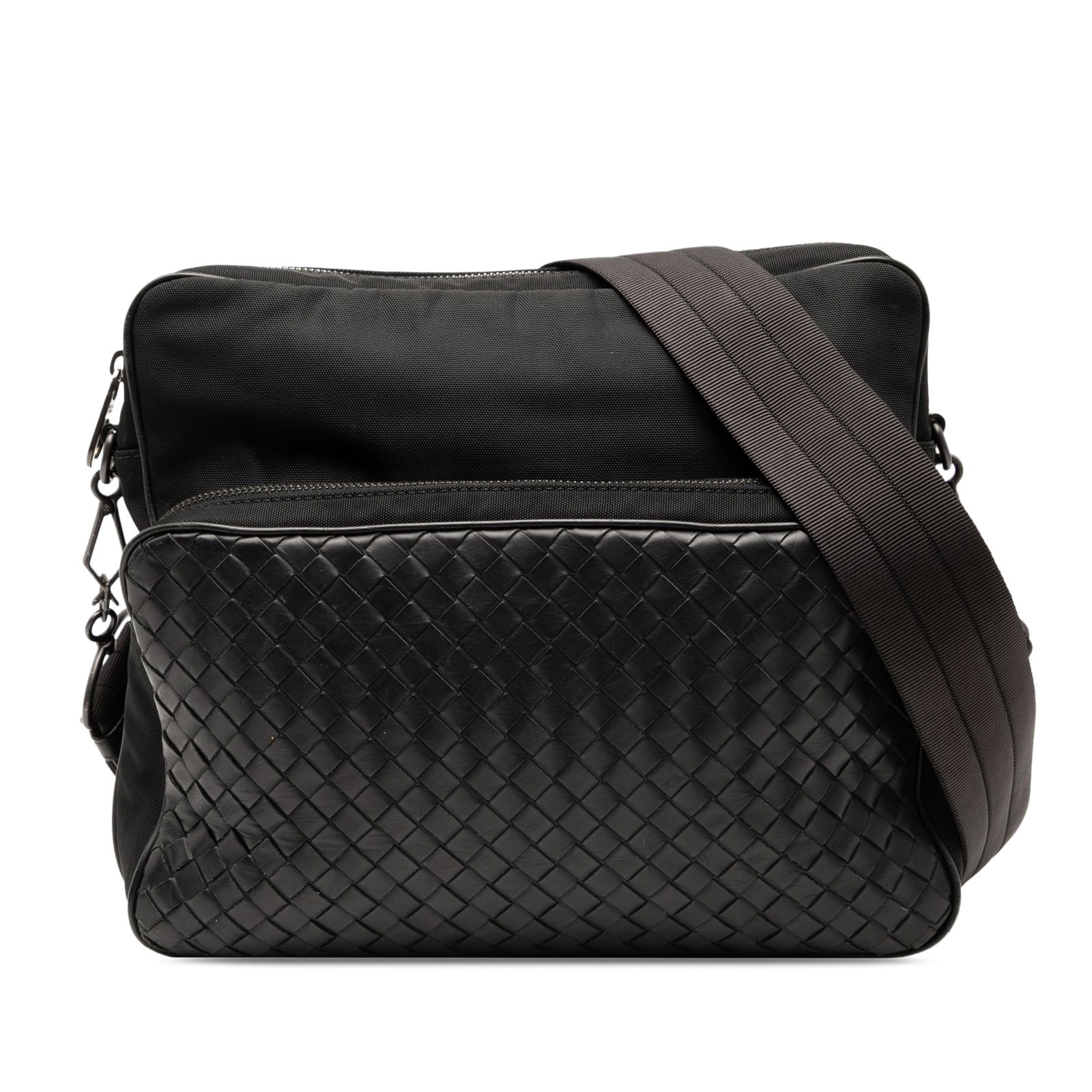 Bottega Veneta Canvas Messenger with Nappa Leather Intrecciato Trim: Bottega Veneta Canvas Messenger with Nappa Leather Intrecciato Trim This messenger bag features a combination of nappa leather and canvas with Bottega Veneta's signature intrecciato trim. It is design