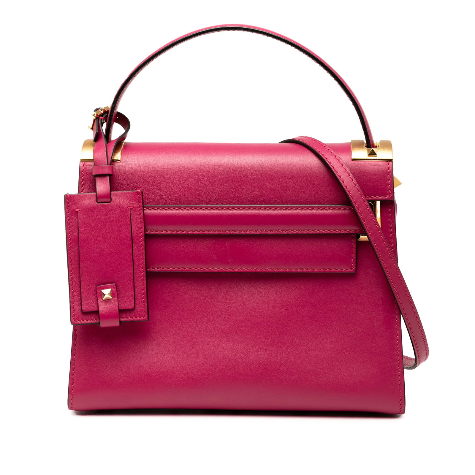 Valentino Pink Leather My Rockstud Frame Satchel with Studded Design: Valentino Pink Leather My Rockstud Frame Satchel with Studded Design The Valentino Small Leather My Rockstud Frame Satchel is a chic accessory that combines style and functionality. Crafted from high-