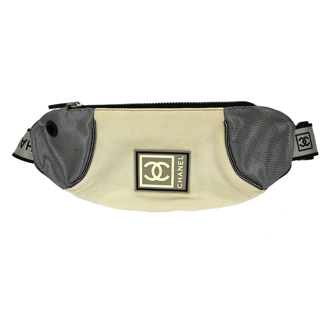 Chanel Sport Line White Canvas Waist Bum Bag with Logo Accent: Chanel Sport Line White Canvas Waist Bum Bag with Logo Accent This Chanel Sport Line waist bum bag features a white canvas exterior accented with the iconic logo and silver-tone hardware. Designed in