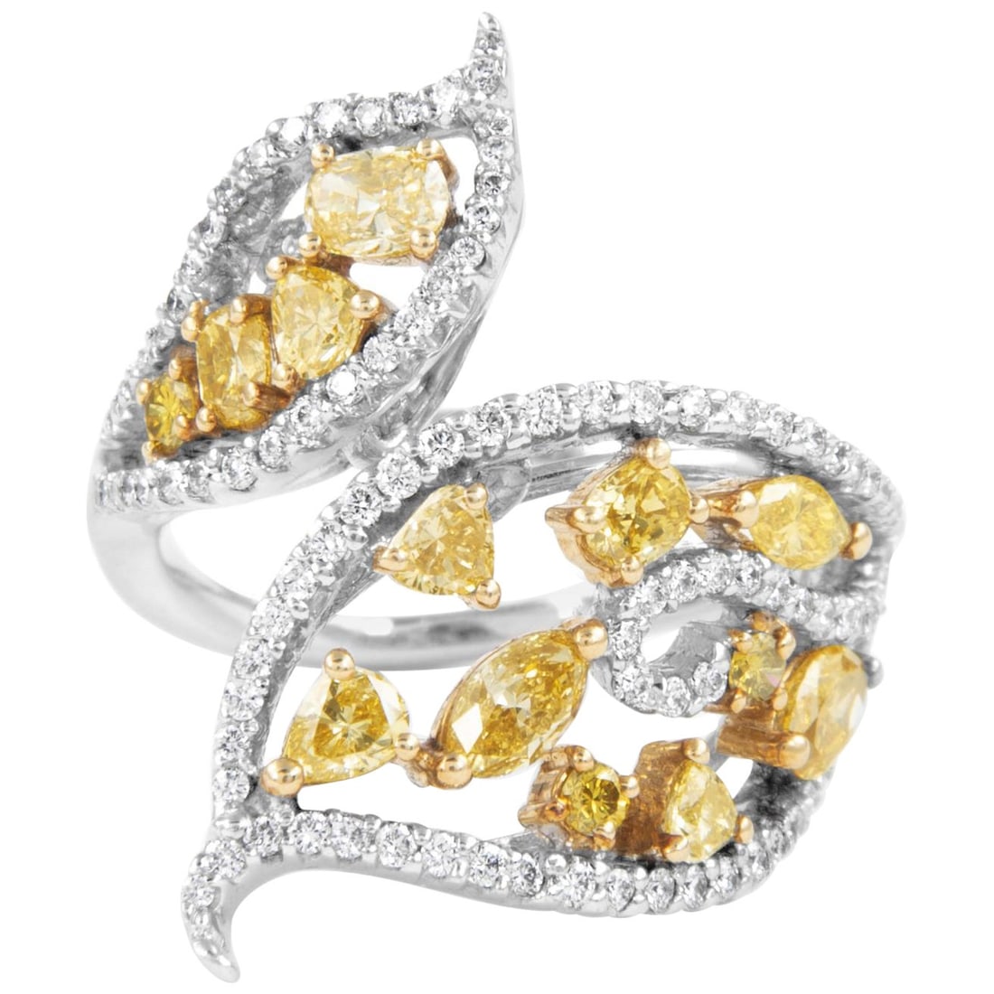 2.29ct Fancy Yellow & White Diamond Floral Bypass Ring in 18k Two-Tone Gold: 2.29ct Fancy Yellow & White Diamond Floral Bypass Ring in 18k Two-Tone Gold This stunning floral bypass ring showcases a captivating combination of yellow and white diamonds, elegantly crafted in 18k